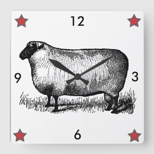 Vintage, primitive Schafenuhr Quadratische Wanduhr (Vorderseite)