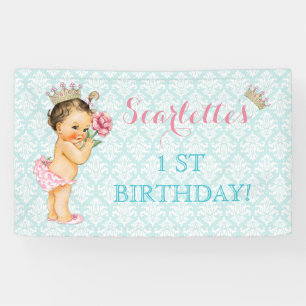 Vintage Princess Baby Girl Gold Crown Pink Aqua Banner