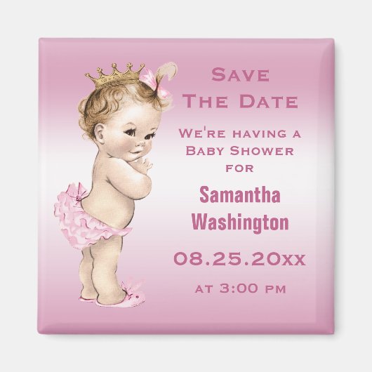 Vintage Princess Babydusche Save the Date rosa Magnet (Vorne)
