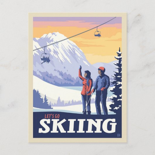 Vintage Printwerbung für lass's Go Ski Postkarte (Vorderseite)