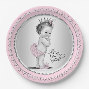 Vintage Prinzessin Rosa Silber Mädchen Baby Shower Pappteller