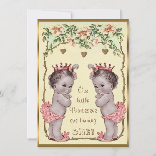 Vintage Prinzessin Twins Geburtstag Rose & Herzen Einladung (Vorderseite)