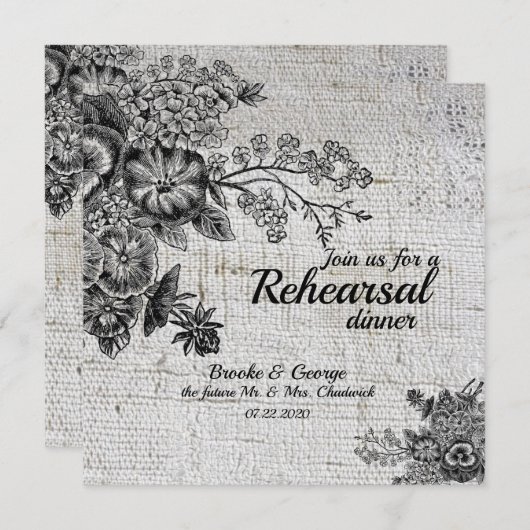 Vintage Probe Dinner Card Schwarz/Grau Blume Einladung (Vorne/Hinten)