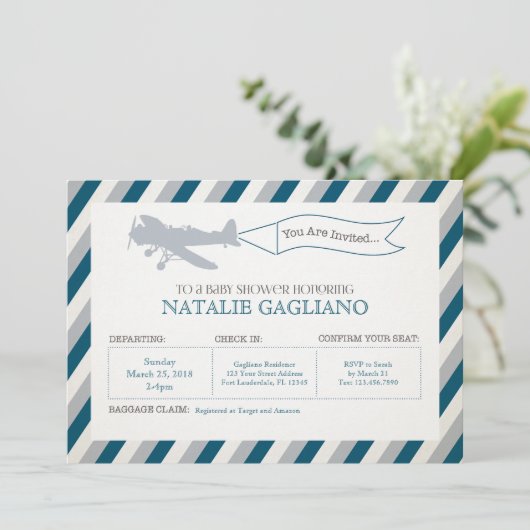 Vintage Propeller-Flugzeug-Babydusche Einladung (Stehend Vorderseite)