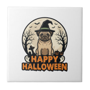 Vintage-Pug-Frohe-Halloween-Hexenhut-Shirt-Design Fliese