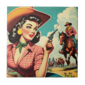 Vintage Pulp Cowgirl Illustration Fliese (Vorderseite)