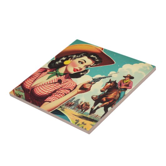 Vintage Pulp Cowgirl Illustration Fliese (Seite)