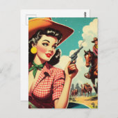 Vintage Pulp Cowgirl Illustration Postkarte (Vorne/Hinten)