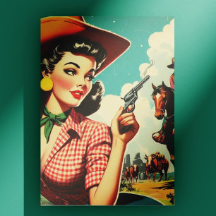 Vintage Pulp Cowgirl Illustration Postkarte