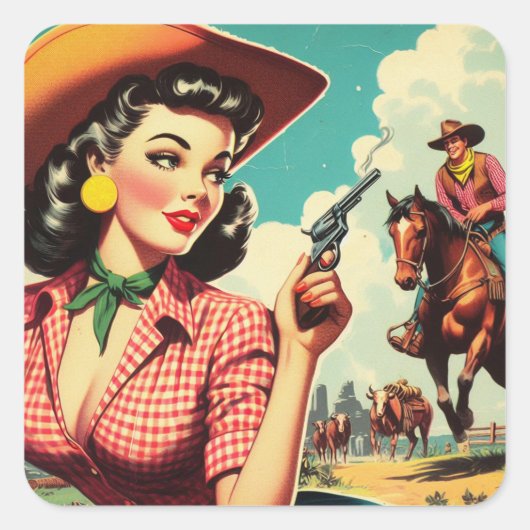 Vintage Pulp Cowgirl Illustration Quadratischer Aufkleber (Vorderseite)