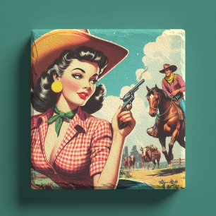 Vintage Pulp Cowgirl Illustration Steinuntersetzer
