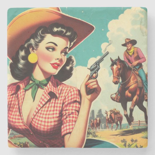 Vintage Pulp Cowgirl Illustration Steinuntersetzer (Vorderseite)