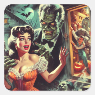 Vintage-Pulp-Horror-Mädchen-Illustration Quadratischer Aufkleber