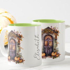 Vintage Pumpkin Door Herbstlaub mit Wasserfarbe Zweifarbige Tasse