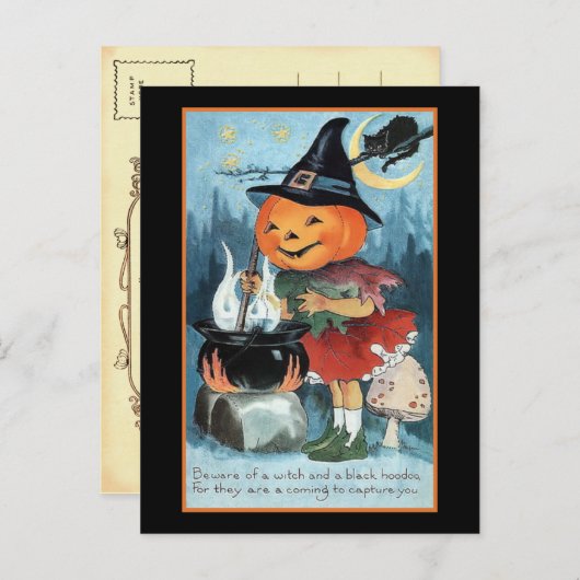 Vintage Pumpkin Hexe Einladung Postkarte (Vorne/Hinten)
