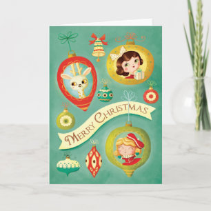 Vintage Puppen & Rentier Weihnachtsgrußkarte Feiertagskarte