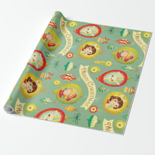 Vintage Puppen & Rentiere Weihnachtspapier Geschenkpapier