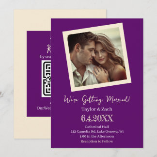 Vintage Purple & Cream Retro Photo Wedding Einladung