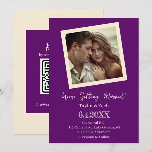 Vintage Purple & Cream Retro Photo Wedding Einladung (Vorne/Hinten)