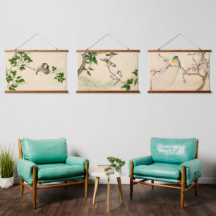 Vintage Qing-Dynastie Chinesische Vogelmalerei Wandteppich Mit Holzrahmen