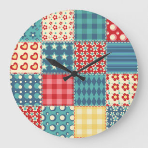 Vintage-Quilt: Patchwork-Hintergrundmuster. Große Wanduhr