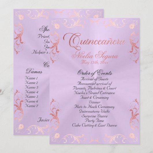 Vintage Quinceanera Program -Lavender/Rose Gold Programm (Vorne/Hinten)