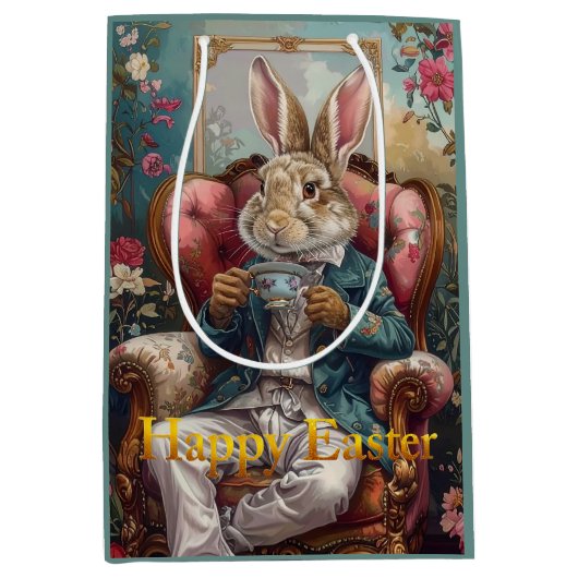 Vintage rabbit Drinking Tea Happy Easter Mittlere Geschenktüte (Vorderseite)