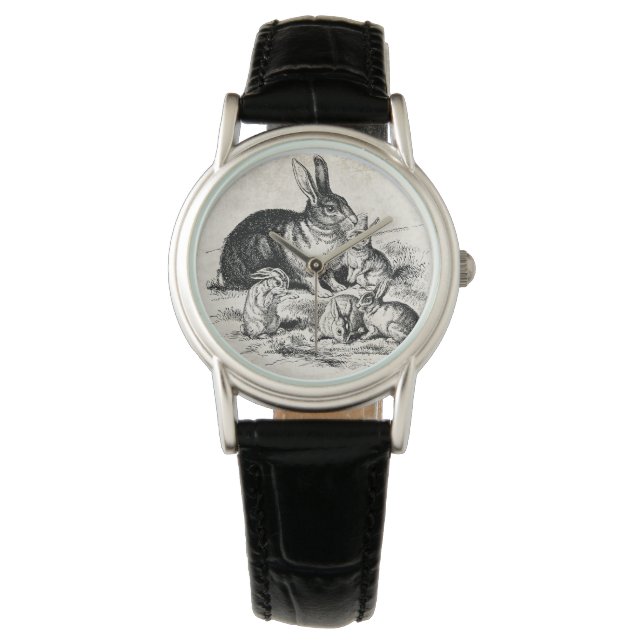 Vintage Rabbit-Familiendarstellung, Baby Bunnies Armbanduhr (Vorderseite)