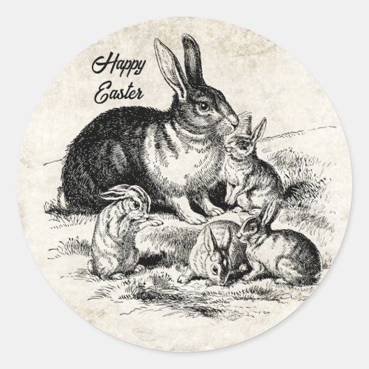 Vintage Rabbit-Familiendarstellung, Baby Bunnies Runder Aufkleber (Vorderseite)