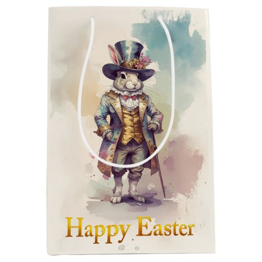 Vintage rabbit top hat Happy Easter Mittlere Geschenktüte (Vorderseite)