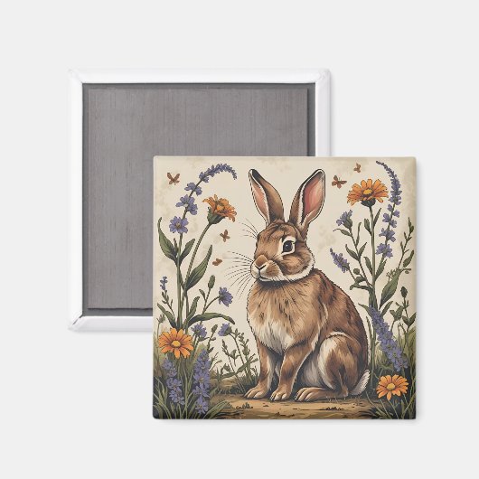 Vintage Rabbit with Wildflowers Magnet (Vorderseite/Rückseite)