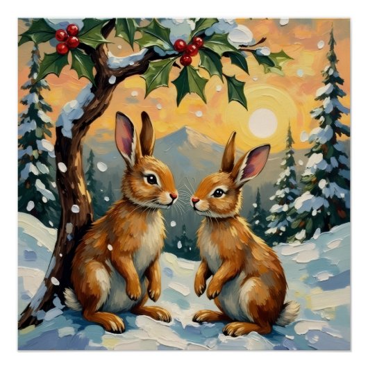 Vintage Rabbits Beneath the Holly Tree Christmas Poster (Vorderseite)