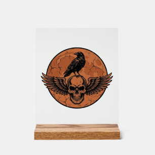 Vintage-Rabe-Geflügelter-Totenkopf-Orange-Mond-Vek Acrylschild
