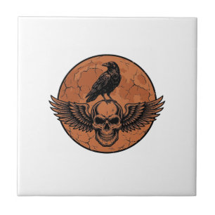 Vintage-Rabe-Geflügelter-Totenkopf-Orange-Mond-Vek Fliese