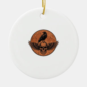 Vintage-Rabe-Geflügelter-Totenkopf-Orange-Mond-Vek Keramik Ornament