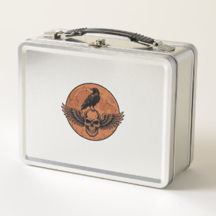 Vintage-Rabe-Geflügelter-Totenkopf-Orange-Mond-Vek Metall Brotdose