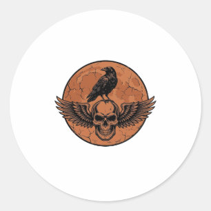 Vintage-Rabe-Geflügelter-Totenkopf-Orange-Mond-Vek Runder Aufkleber