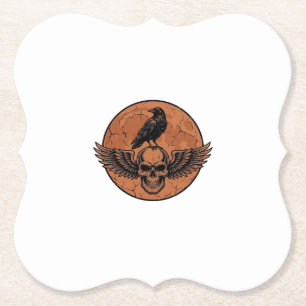 Vintage-Rabe-Geflügelter-Totenkopf-Orange-Mond-Vek Untersetzer