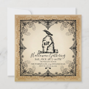 Vintage-Raben-Grabstein-Halloween-Party Einladung