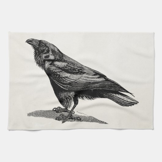 Vintage Raben-Krähen-Amsel-Vogel-Illustration Geschirrtuch (Horizontal)