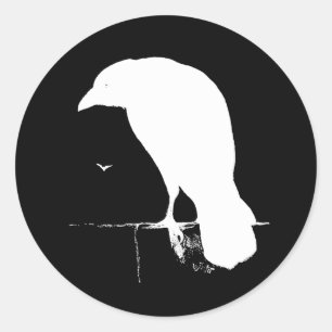 Vintage-Raben-Silhouette Weiß auf Schwarz - Benutz Runder Aufkleber