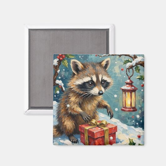 Vintage Raccoon Opening Christmas Gift Box Art Magnet (Vorderseite/Rückseite)