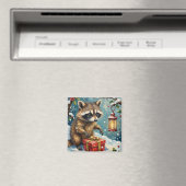 Vintage Raccoon Opening Christmas Gift Box Art Magnet (In Situ (Geschirrspüler))