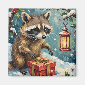 Vintage Raccoon Opening Christmas Gift Box Art Magnet (Vorne)