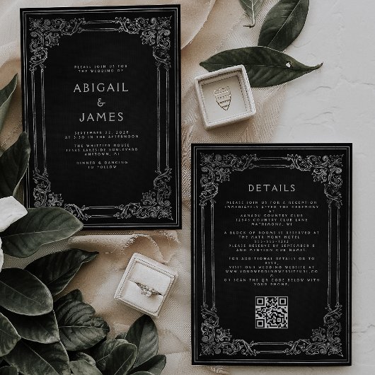 Vintage Rahmen Schwarz Silber QR Code Hochzeit Einladung