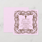 Vintage Rahmen-Taufe Einladung Browns u. der Rosa- (Vorne/Hinten)