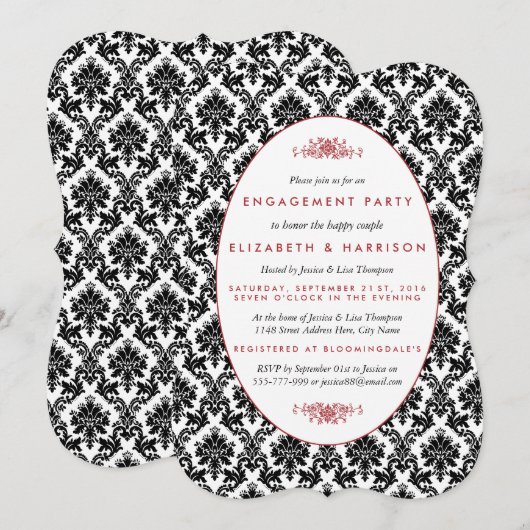 Vintage Red, Black, White Damask Engagement Party Einladung (Vorne/Hinten)