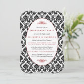 Vintage Red, Black, White Damask Engagement Party Einladung (Stehend Vorderseite)