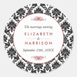 Vintage Red, Black & White Damask Hochzeitsgunst Runder Aufkleber