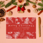 Vintage Red Botanical Line Art Merry Christmas Feiertagskarte<br><div class="desc">A unique and elegant hand made organic Christmas card holiday card. That features a white floral botanical natural and organic Christmas pattern of eucalyptus leaves, stars, and snowflakes. The background is red with a vintage retro script calligraphy MERRY CHRISTMAS in white under it happy new year. Which is original and...</div>